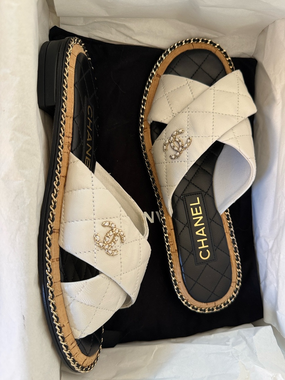 CHANEL White Quilted Lambskin Chain Mules Slides CC Logo - Picture 11 of 16
